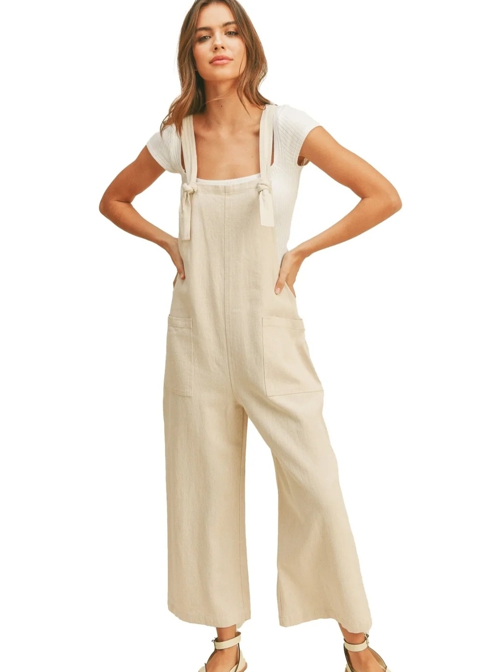 Women's Cream Wide-Leg Tie-Strap Overalls Linen & Cotton